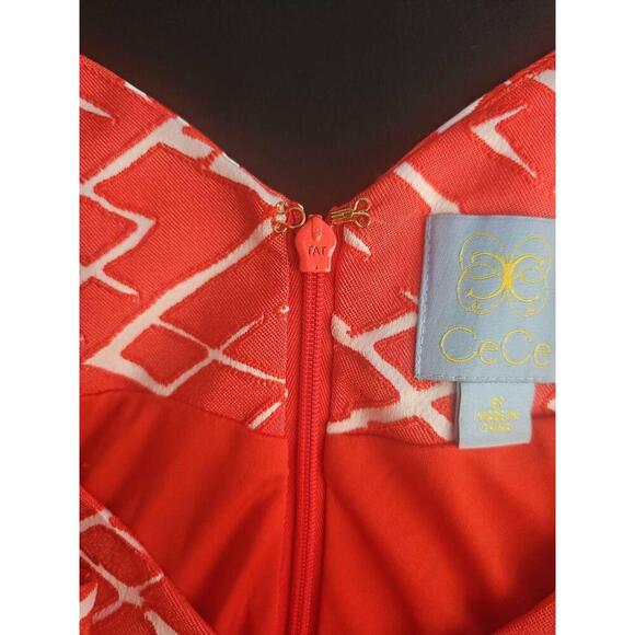 CeCe Womens Sleeveless Geometric Fit Flare Dress Coral Red Petite 6 - Picture 6 of 8